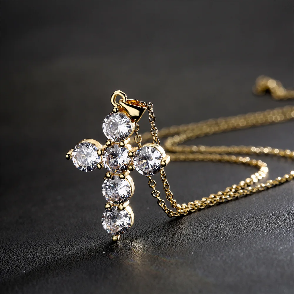 

2022 Fashion Jewelry Gold Filled Geometric Heart Box Chain Necklace Shiny Cubic Zirconia CZ Square Ankh Cross Pendant Necklace, Picture