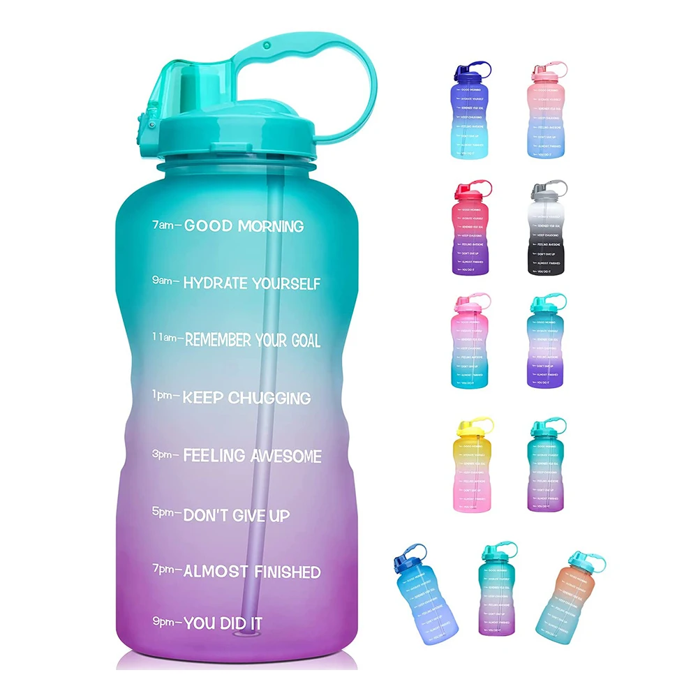 

Half Gallon 64oz BPA Free Gradient Anti-Slip Leakproof GYM Fitness Motivational Time Marker Plastic Water Bottle with Straw Lid, Gradient color, customized color