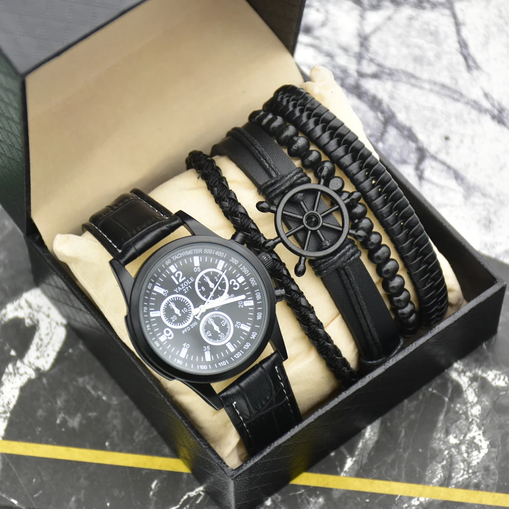 

8611 Fashion black men watch and bracelet set men luxury Leather men gift set watch