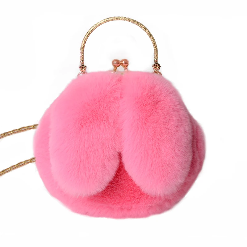 

Handheld Princess Bag Faux Fur Plush Bags New Chain Bag Joker Cute Rabbit Ear Handbags Cute Pink Beauty Small Handbag
