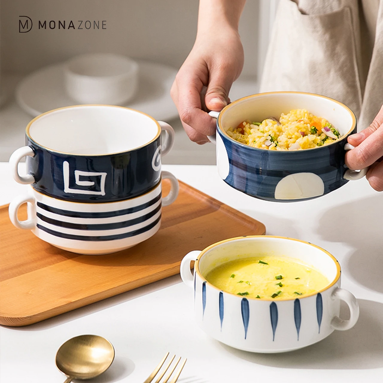 

MONAZONE Japanese Ceramic Tableware Blue Handle Bowl Kitchen Soup Bowl