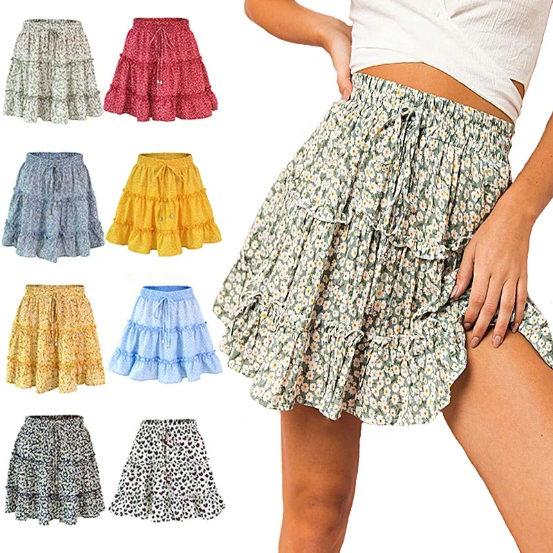 

Hot Selling Girls Elastic Waist Colorful Ruffled Floral Printed Mini Skirt Women, Pink,grey,black,white,dark blue,wine red
