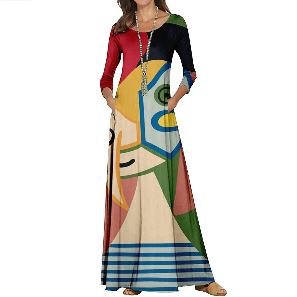 

New style long-sleeved printed bohemian bohemian ball gown ladies casual Dress