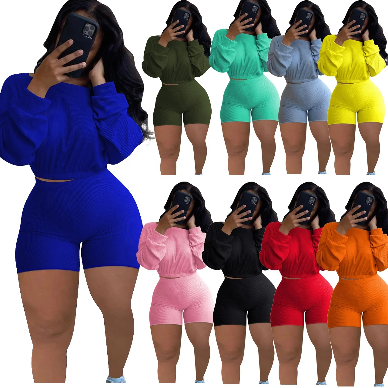 

KX-XM1171 Ready to ship long sleeve bodycon ribbed 2 piece suit solid elastic waist women short sets two piece