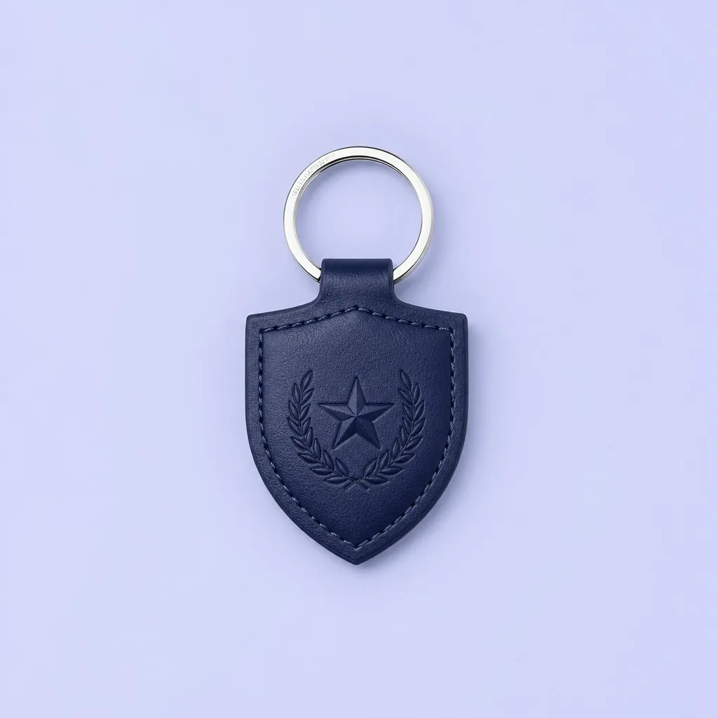 Leather texture and rivet detail of the navy shield keychain
