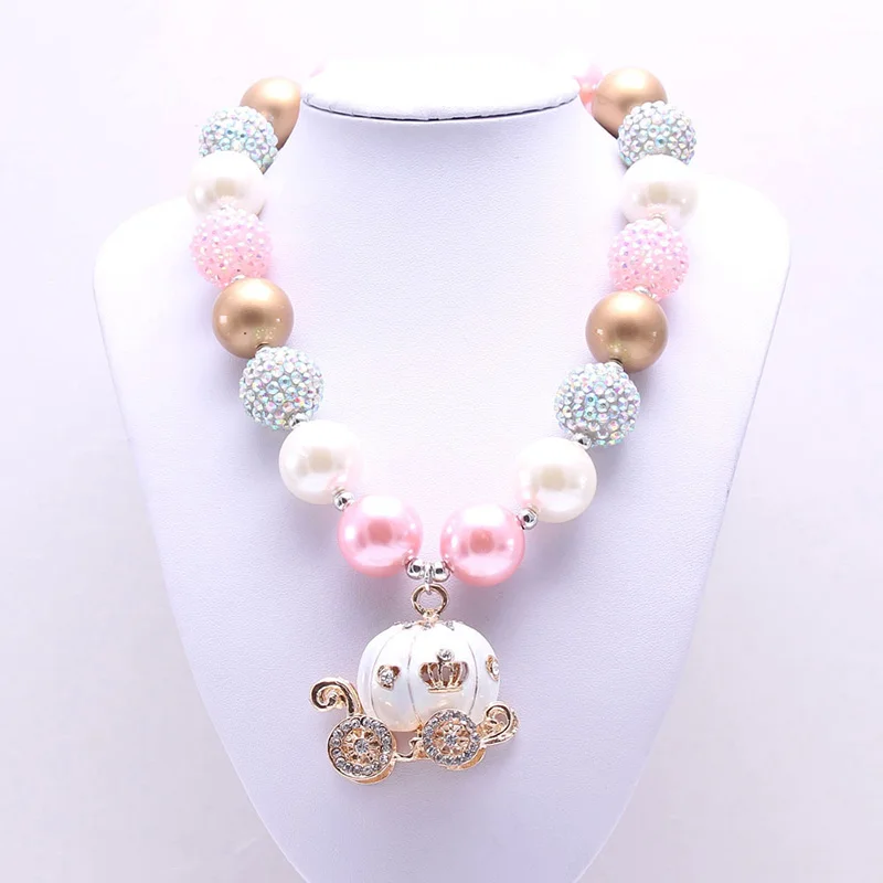 

Pumpkin carriage rhinestone chunky bubblegum beads kids jewelry cartoon baby girls necklace, As picture show