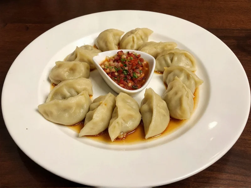 Plated homemade dumplings with dipping sauce and garnishes