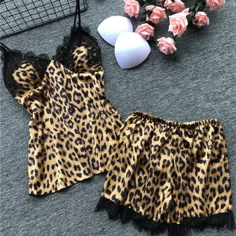 

Hot Leopard Print Pajamas Chemise Femme Cami Shorts Set Lace Trim Leopard Silk Sleepwear Two Piece Nightwear Summer Leopard Pjs, Multi colors