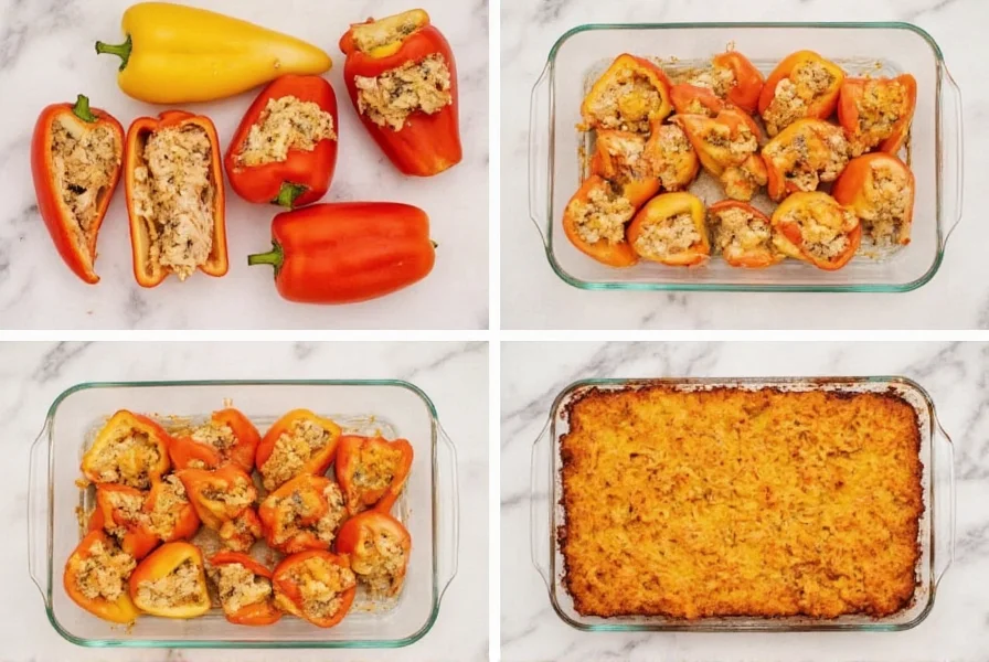 Step-by-step preparation of chicken stuffed peppers showing bell peppers cut in half, filling mixture, and baked finished dish