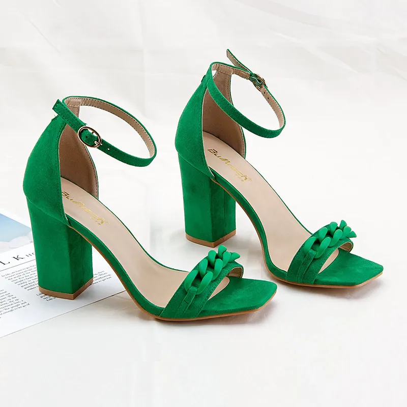 

Elegant Black Suede Women Summer Shoes sexy Green chain sandals mule heels for women Ladies Party Shoes High Heel