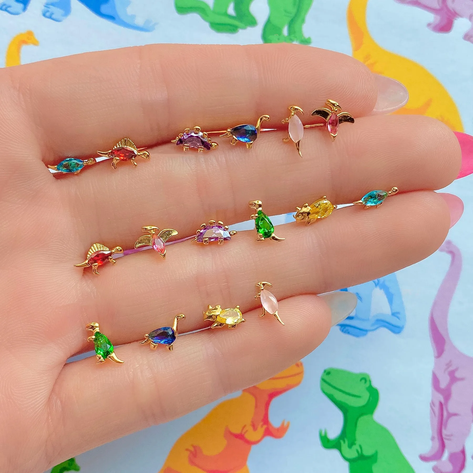

New Trendy 925 Silver Post Small Animal Earring Cute 18k Gold Dinosaur With Colorful Crystal Zircon Stud Earrings Women