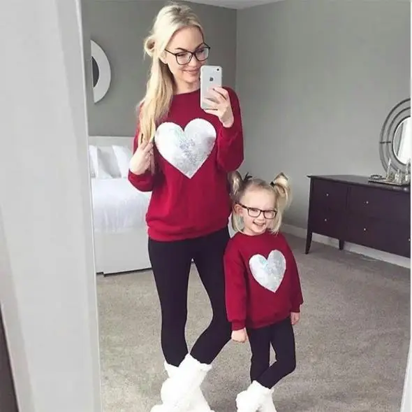 

Wholesale autumn long sleeve red sweet heart cotton mommy and me outfits