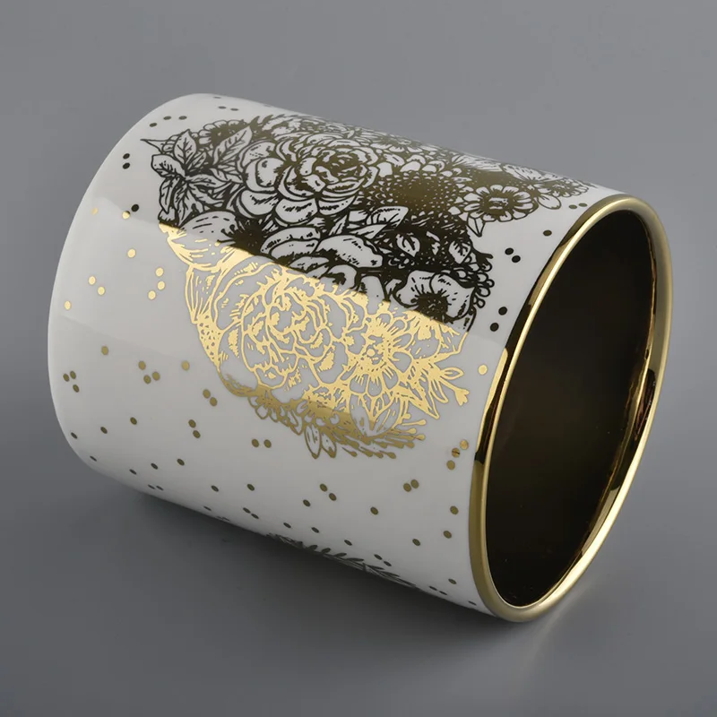 white cylinder ceramic candle jars with gold printing