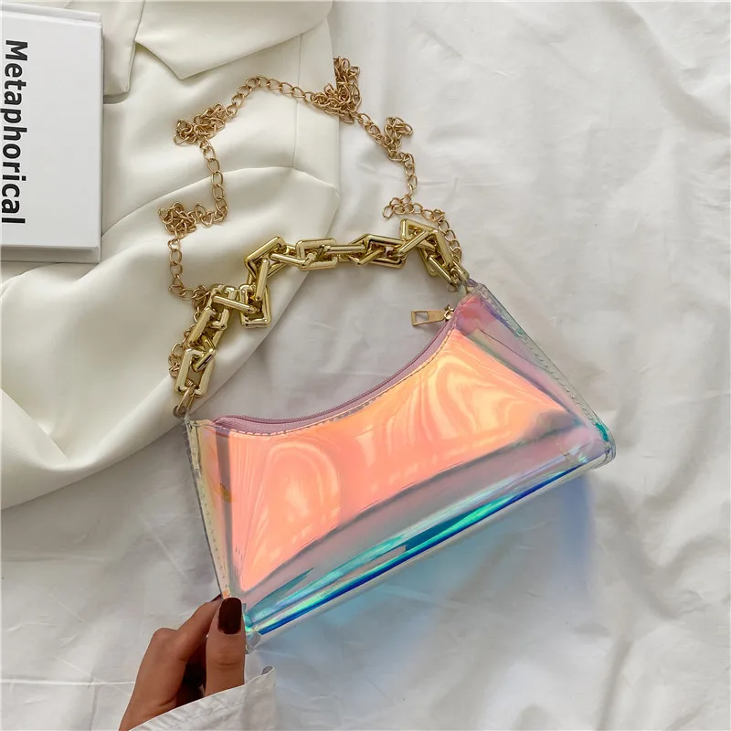 

Summer New Arrival Fashion Jelly Colorful Handbag Holographic PVC Transparent Chain Shoulder Bag Luxury Women Handbag