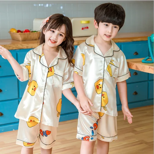 

Summer short-sleeved ice silk printing cute silk boys and girls home clothes kids pajamas set, Pineapple, kuqi, duck, bear, little yellow duck, letters, mickey