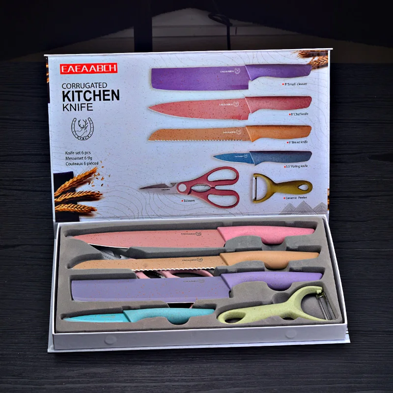 

Most Popular 6pcs Non-stick blade Stainless Steel Kitchen Knives Set with Wheat Straw Handle