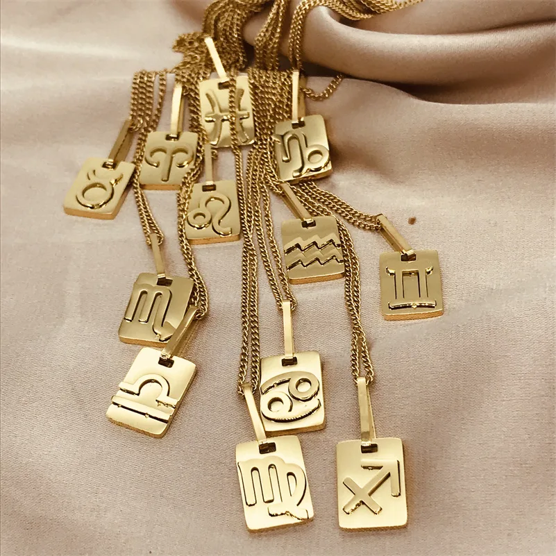 

Dainty 12 Zodiac Sign Necklace Stainless Steel 18K Gold Plated Trendy Square Pendant Unique Card Simplicity Necklaces