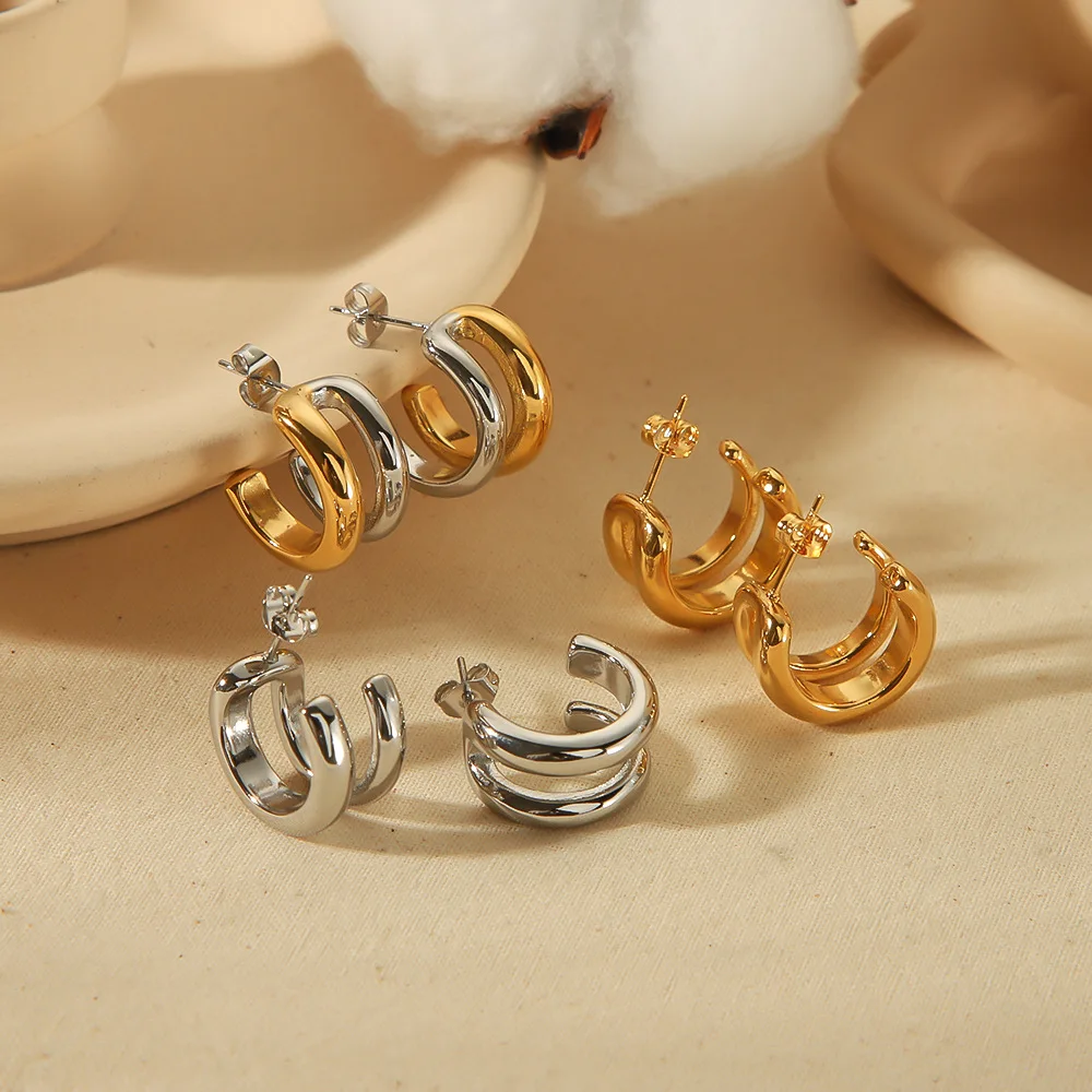 

2024 Hot Sale Simple Hypoallergenic 18K Gold Plated Double Layer Earring Non Tarnish Stainless Steel CC Hoop Earrings YF4158