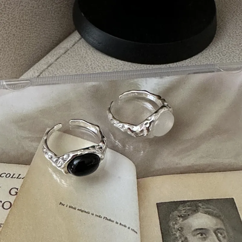 Fashion New 925 Sterling Silver Black White Agate Texture Rings for Birthday Gifts