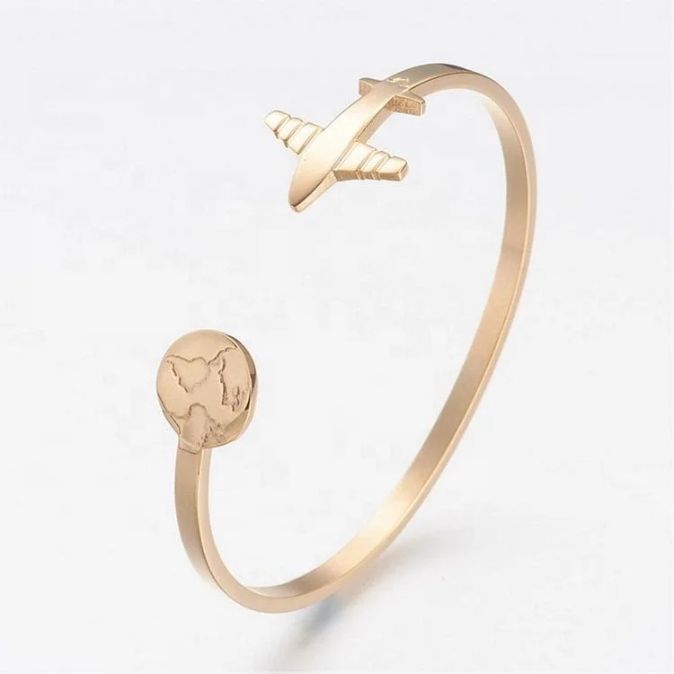 

Hot Sale Stainless Steel Travel Jewelry Airplane Earth Globetrotting Open Cuff Bangle Bracelet, Gold Plated Airplane Bracelet, Gold, rose gold, steel, black etc.