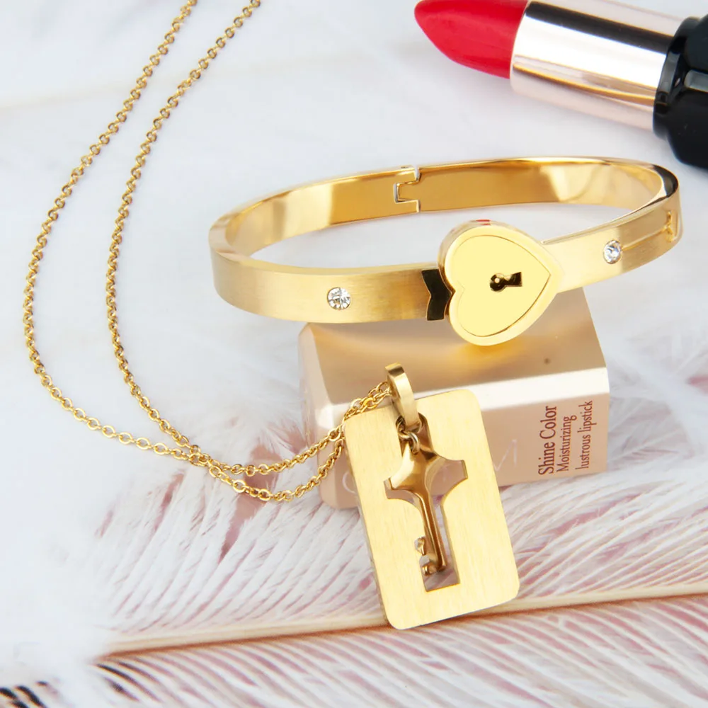 

High quality couple style holiday party gift accessories heart-shaped lock with key stainless steel bracelet necklace