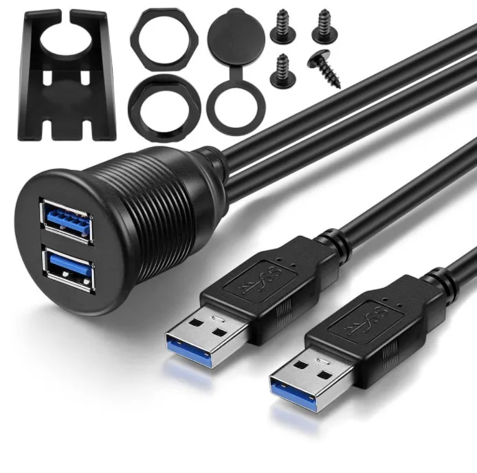 

Black 2 Ports Dual USB 3.0 Male To Female Car AUX Flush Panel Mount Extension Cable For Car