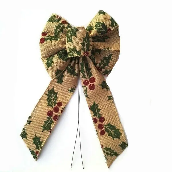 

Stitched Wire Edge Trim Christmas Festival Wedding Party Tree Decoration Print Holly Leaf Burlap Fabric Ribbon Bow 10" X 18", Natural;or other colors are available