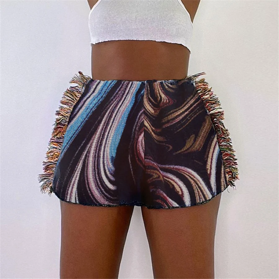 

2021 Summer Clothing Patchwork Side Tassel High Waist Shorts Folk Style Hot Women Shorts, White