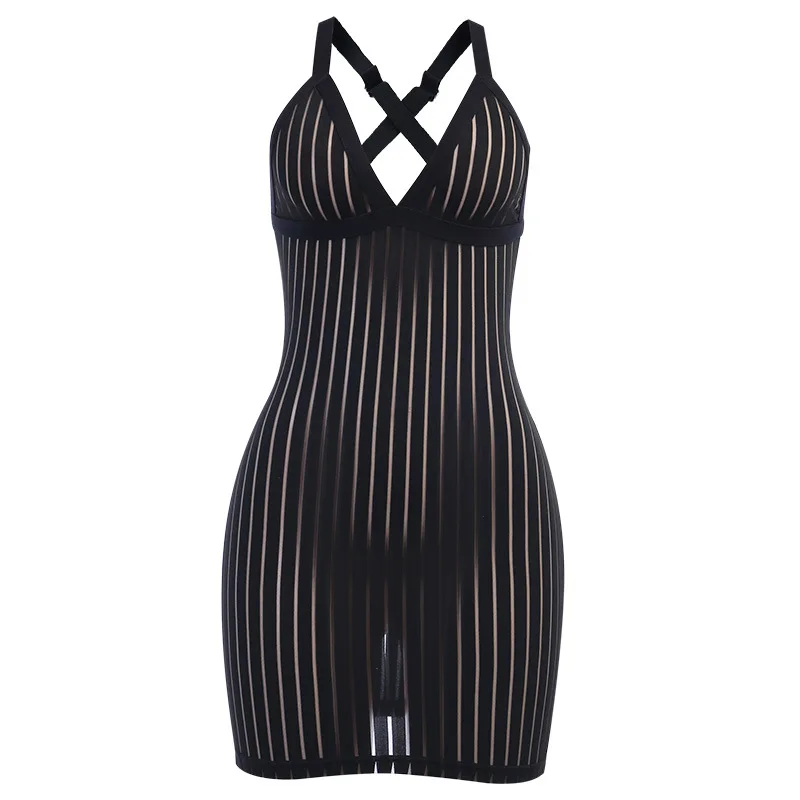 

LH104 Wholesale Female Black V-Neck Mesh adjustable Sling Dress Backless Stripe dresses women party