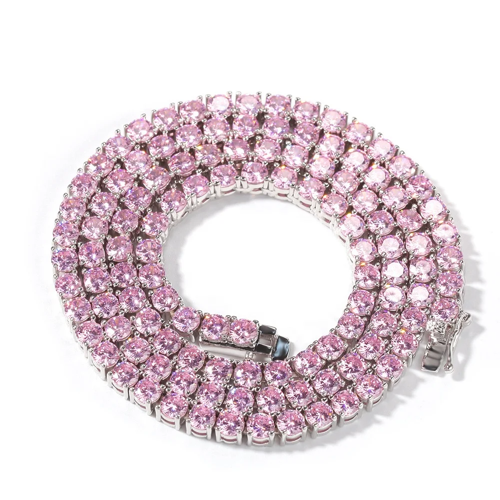 

Women Hip hop Iced Out Bling Tennis chain Necklace High quality 4mm pink Tennis Chains Necklaces Hiphop fashion jewelry gift