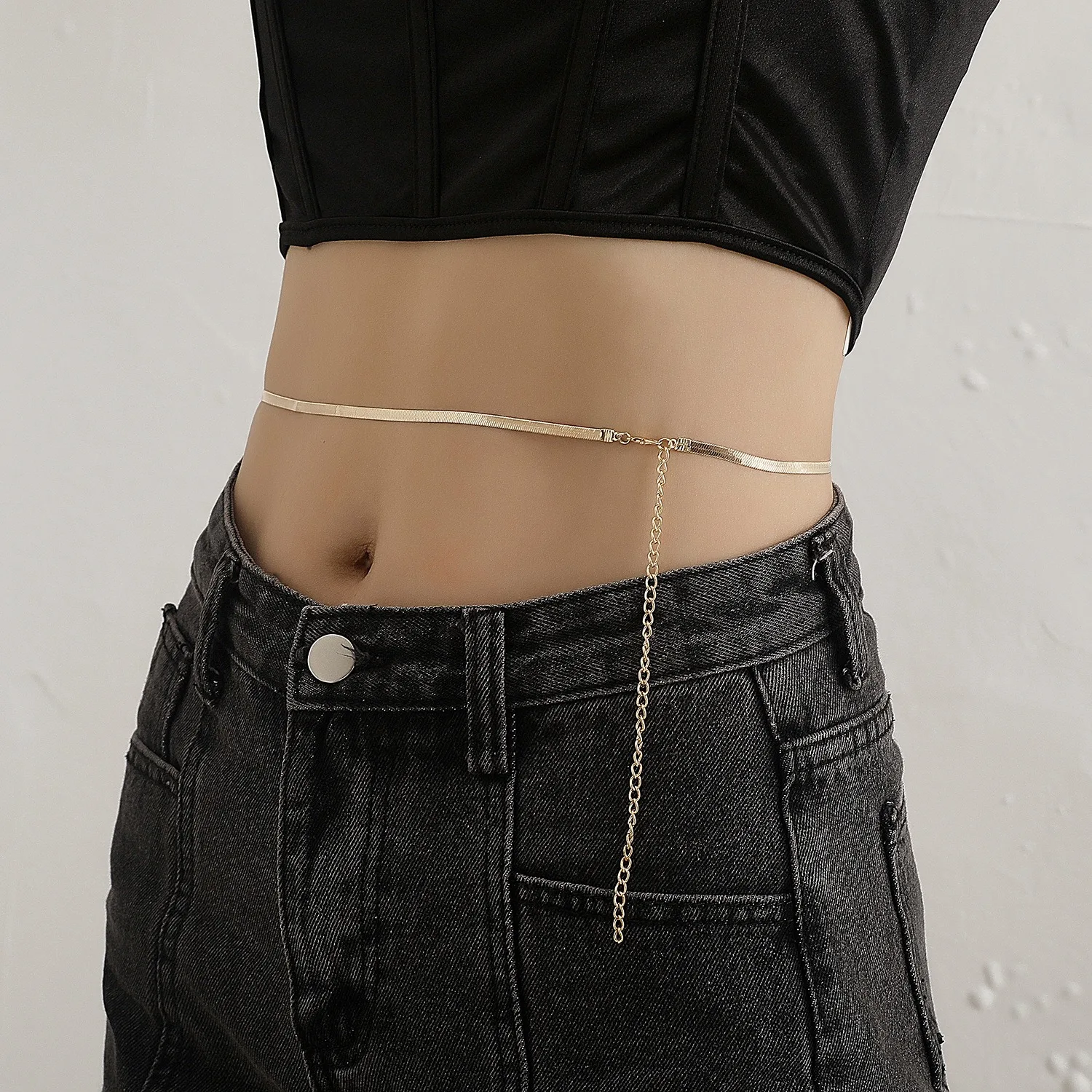 

Flat Snake Chain Stainless Steel Belly Belt Belly Chain Gold Plated Plus Size Beaded Elastic Waist Chain, Silver gold