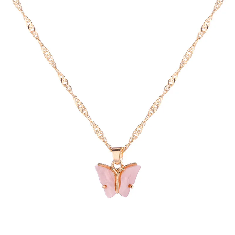 

Bohemian Gold Clavicle Chain Pink colorful Acrylic Butterfly Pendant Necklace