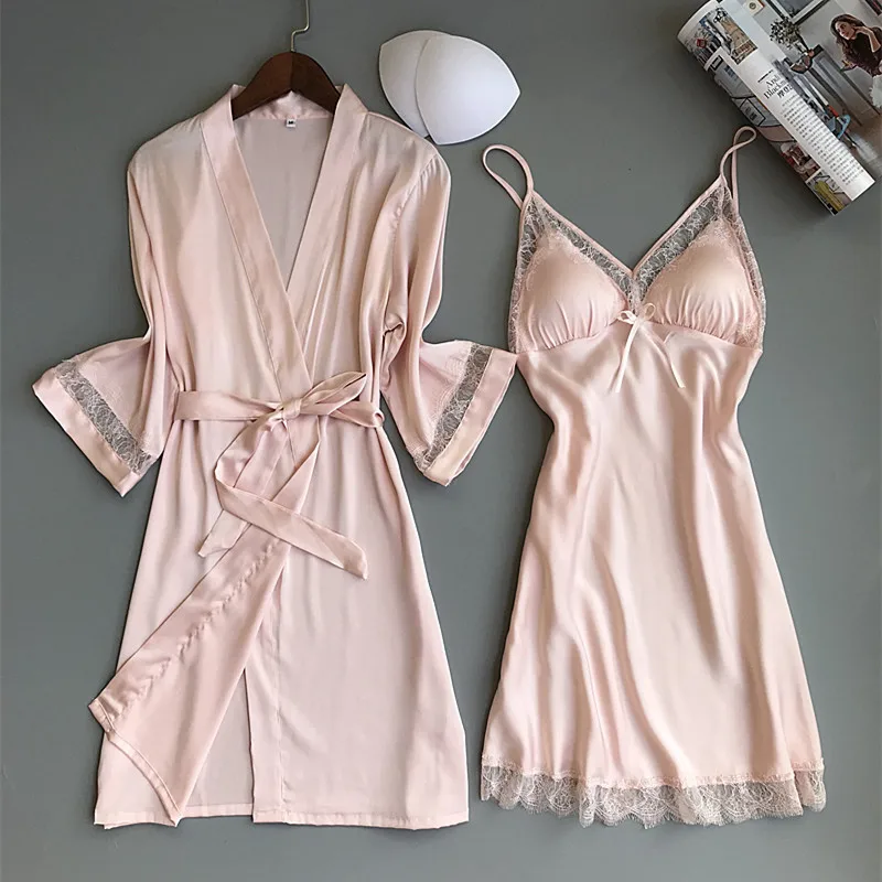 

Women Robe Gown Sets Bathrobe Night Dress with Chest Pads Ladies Nightwear Sexy Lace Pijama Long Sleeve