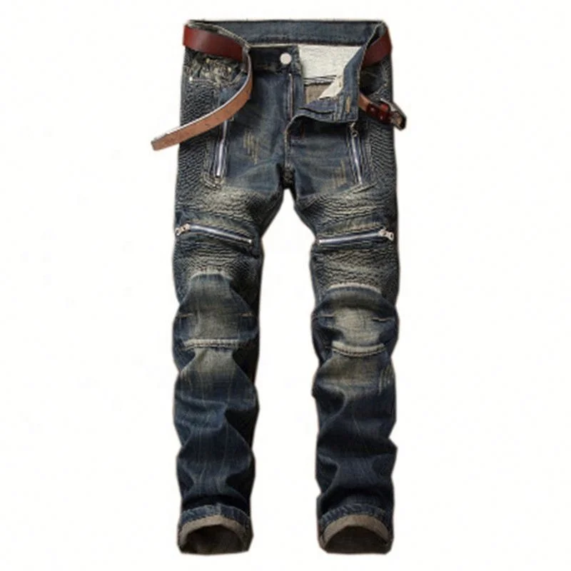 

Jhcentury men's Straight Washing Jeans European American Casual Fashion personality Black men's retro Hole Zipper pants, Customized color