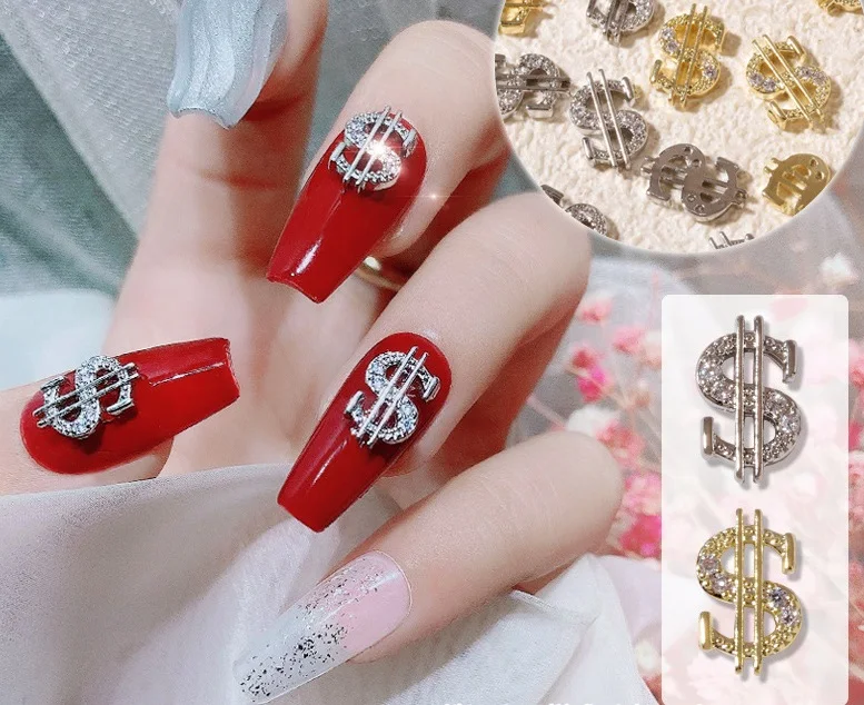 

3D zircon money dollar gold silver luxury decorations crystals rhinestones nail art charms for DIY manicure, 2 colors