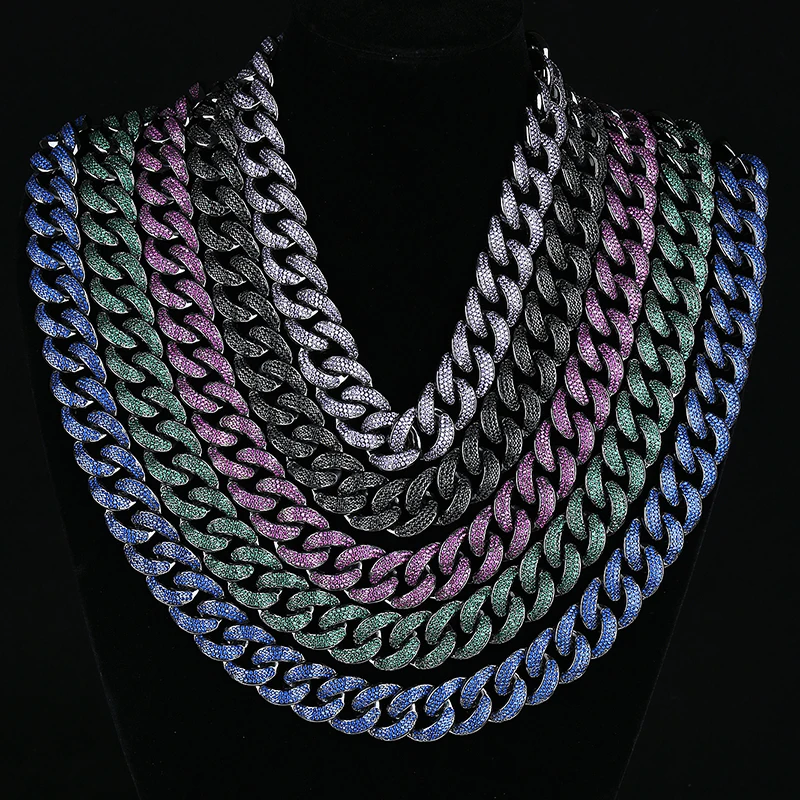 

Hot Selling Ice Out CZ Pink/Green/Blue Zircon Cuban Chain Link Punk Copper Necklace Men's Hip Hop Black Rhodium Necklace