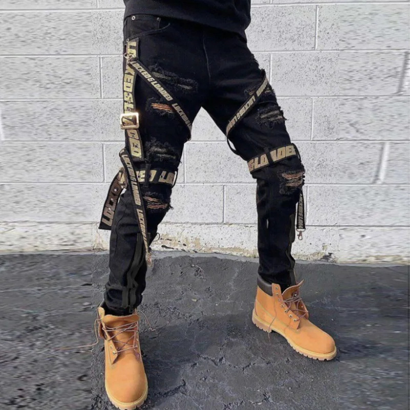 

- 067 In Stock Street Fashion Hip Hop Jeans Pants With Ribbons Letter Print Ripped Pencil Jeans Men Slim Fit, As picture or customized make