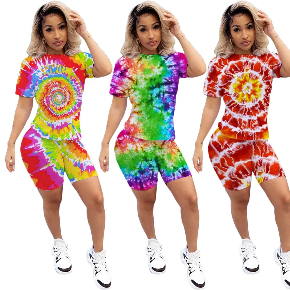 

AI17-097 Women's tie-dye positioning printing short sleeve T-shirt shorts sports suit
