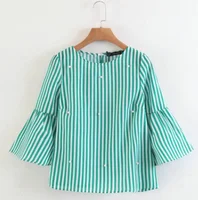 

stylish pearls beading striped shirts flare sleeve cute chic three quarter sleeve blouse ladies fashion casual tops