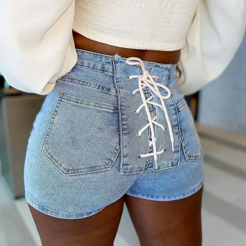

New Arrivals Solid Color Elastic Back Bandage Drawstring Women Denim Shorts