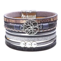 

Colorful Multilayer Crystal Jewelry Sparkly Layered Fabric Bohemian Life Tree Magnetic clasp Leather Bracelet