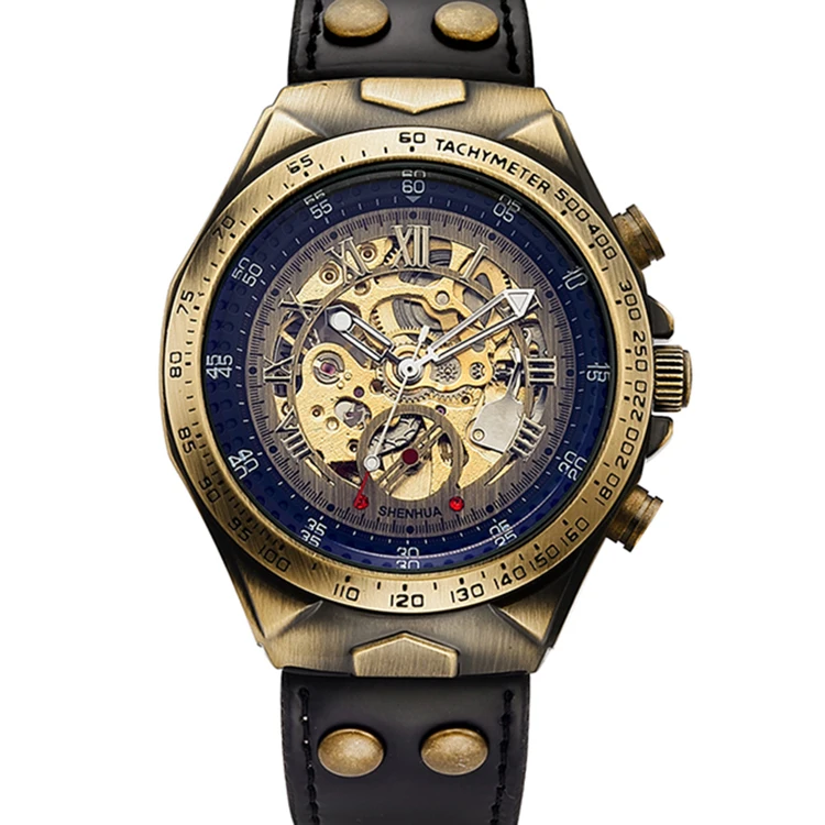 

SHENHUA 9869 Men Automatic Mechanical Watches Fashion Leather Strap Vintage Bronze Skeleton Wristwatch, 2 colors