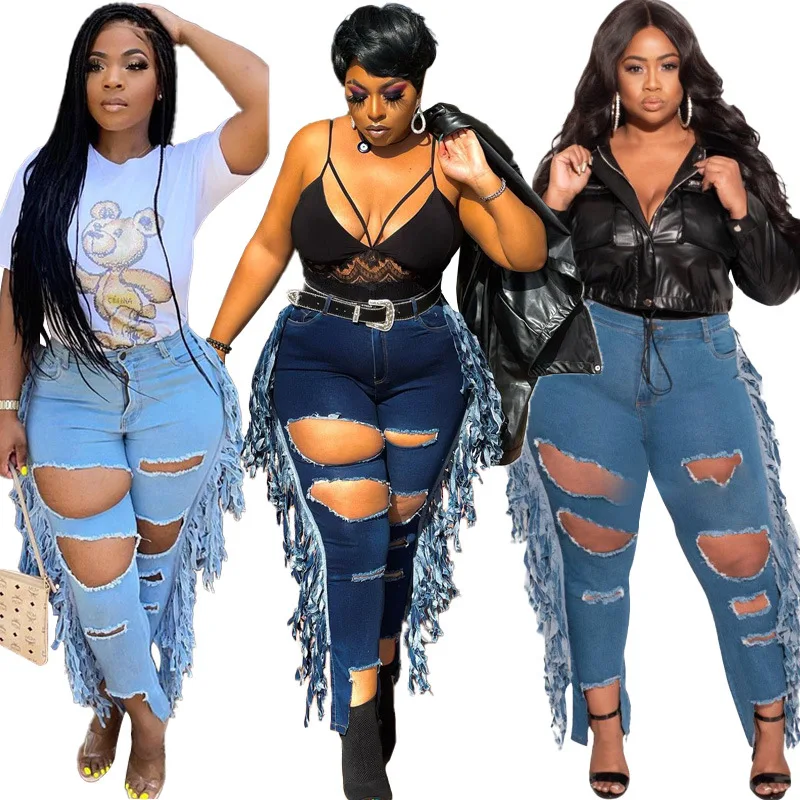 

NS041 hollow out pantalon blue jean outfit femm sexy mid waist tassel high elastic plus size women's jeans