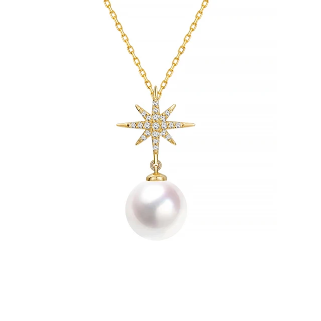 

18K Gold Starbrust Diamond and 8.5-9mm Natural Akoya Pearl Pendant Necklace Wholesale Free Shipping