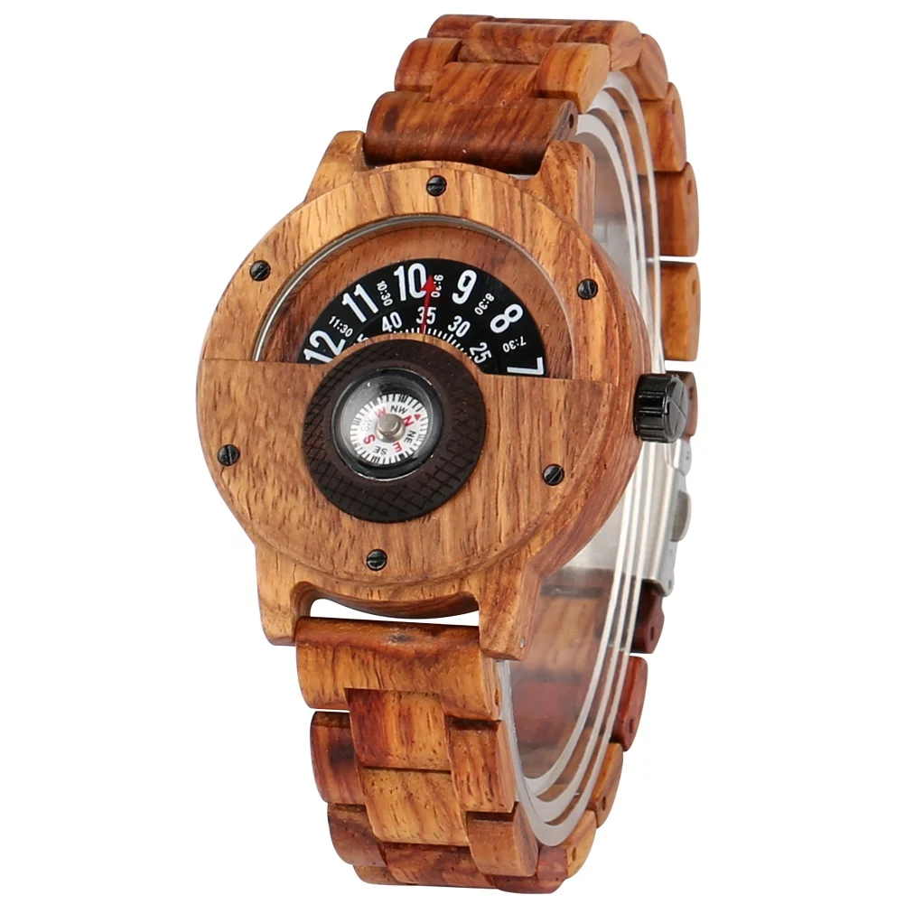 

Luxury Unique Design Wood Band Mens Wood Watch Quartz Military Wooden Compass Watch