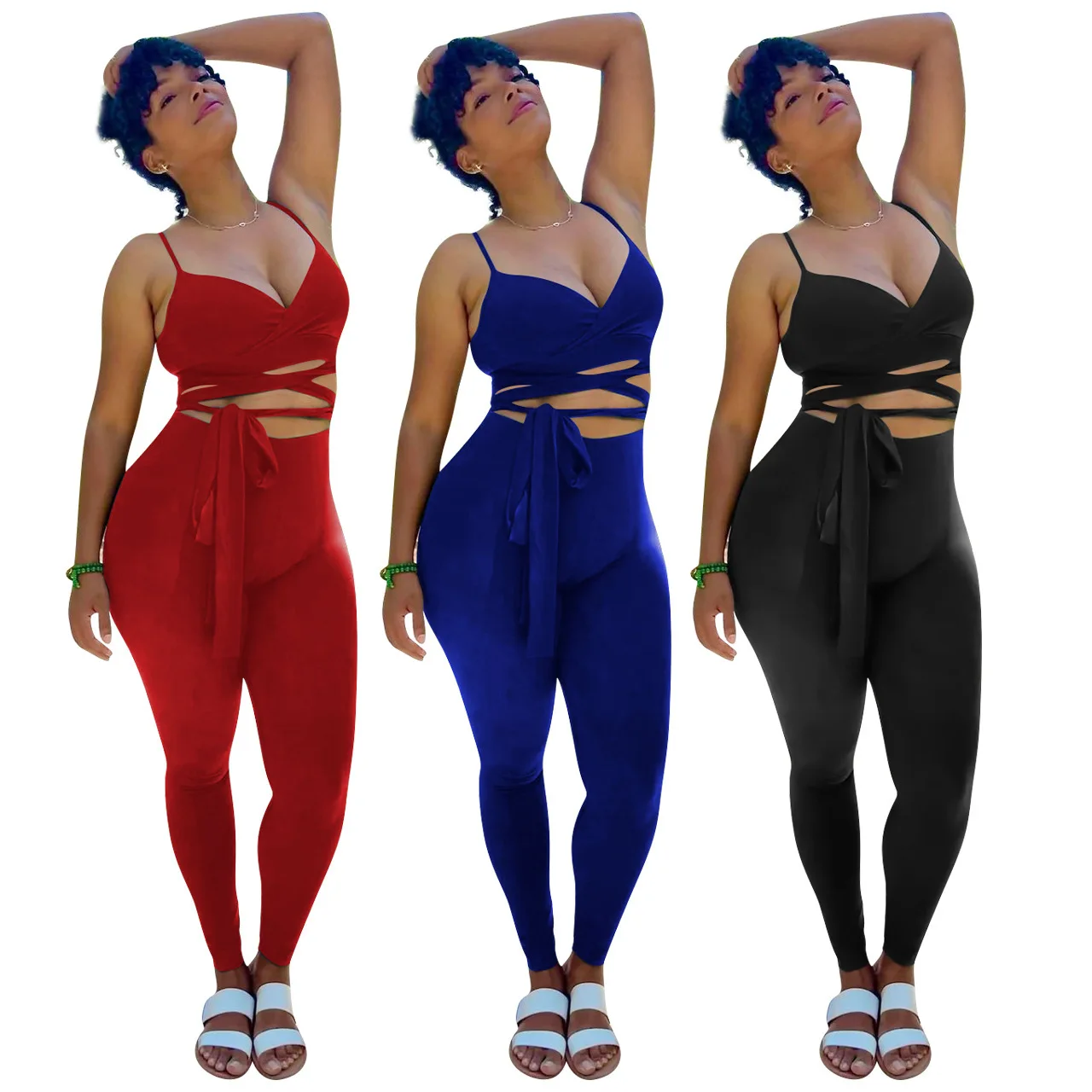 

2022 New Arrivals Fashion Women Casual V-Neck Sleeveless Crop Vest Waist Drawstring Leggings 2 Piece Set Jogger Tracksuit, Picture show