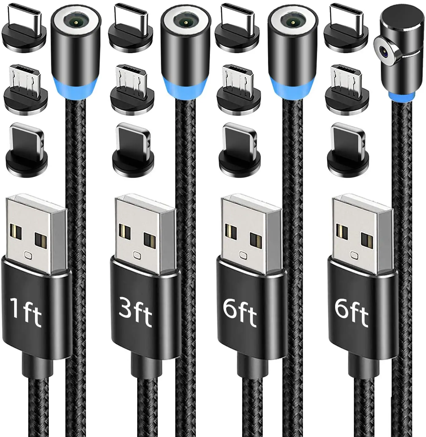 

Magnetic Charging Cable 4-Pack,1ft/3ft/6ft/6ft], Terasako 3-in-1 Nylon Braided Cord, Compatible with Mirco USB, Type C Smartphon