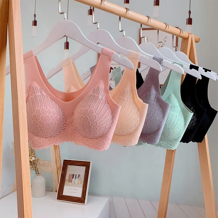 

1921 Hot Thailand Comfort Push Up Lace Laser Cut Rimless Vest Tube Top Bra One Piece Seamless Padded Yoga Sleep Bras, 5 colors: pink, gray, green, black, nude