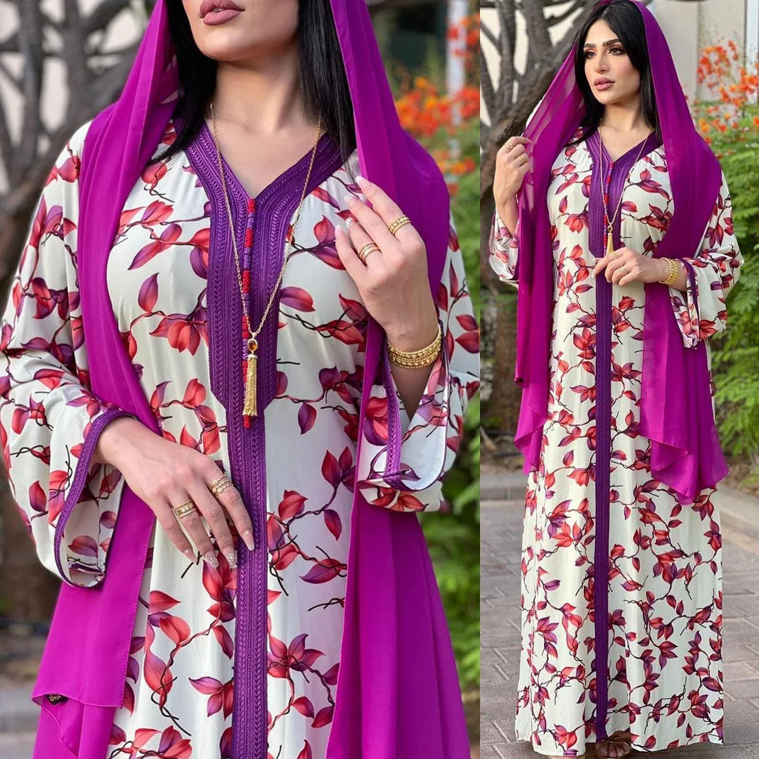 

Dubai kaftan dress autumn loose muslim abaya dresses v neck long sleeve moroccan arabic turkish islamic clothing, As pictures