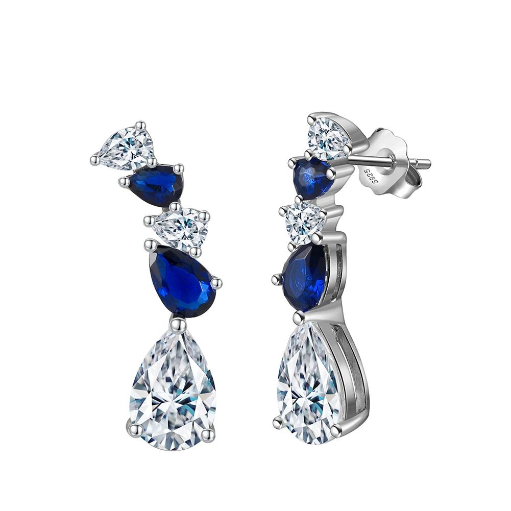 LZE11 RINNTIN Cubic Zirconia Dangle Bridal Earrings 925 Sterling Silver Pear Cut Created Sapphire Drop Earrings for Women Girls